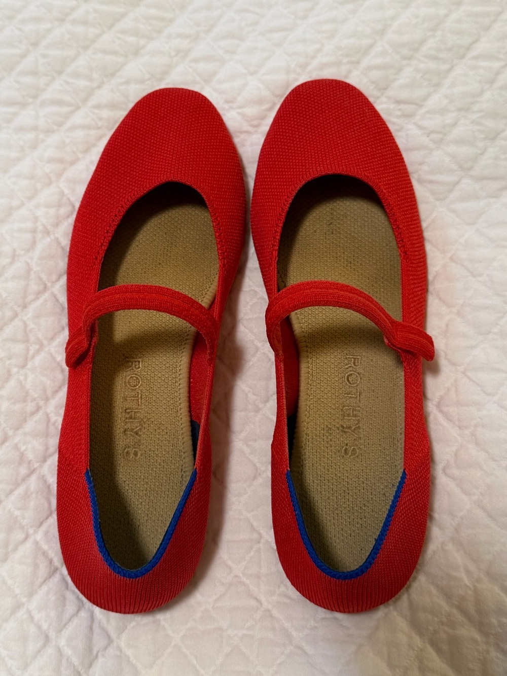 Rothy's Red Mary Jane Flats with Blue Accent